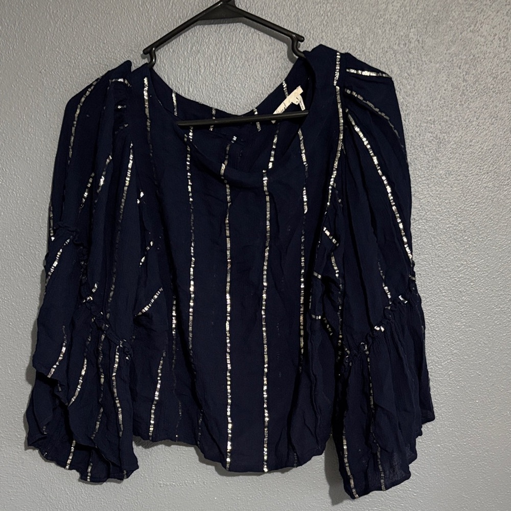 Anthropologie Navy Blouse with Silver Sequin Stripes - Picture 3 of 7